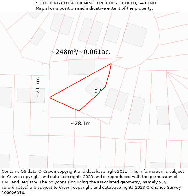 57, STEEPING CLOSE, BRIMINGTON, CHESTERFIELD, S43 1ND: Plot and title map