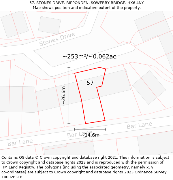 57, STONES DRIVE, RIPPONDEN, SOWERBY BRIDGE, HX6 4NY: Plot and title map