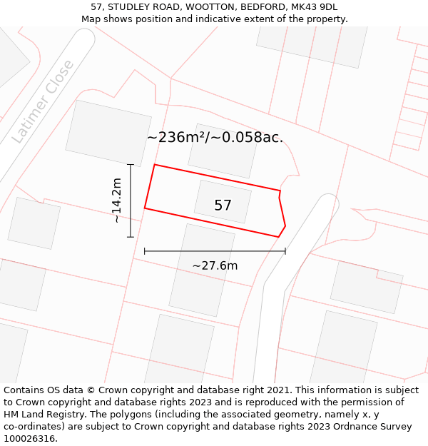 57, STUDLEY ROAD, WOOTTON, BEDFORD, MK43 9DL: Plot and title map