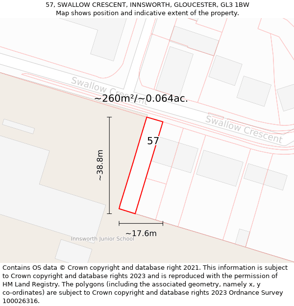 57, SWALLOW CRESCENT, INNSWORTH, GLOUCESTER, GL3 1BW: Plot and title map