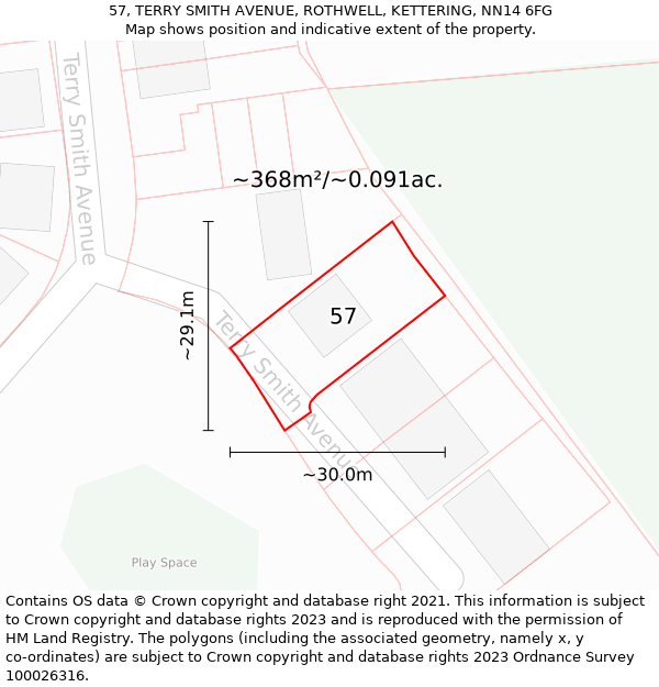 57, TERRY SMITH AVENUE, ROTHWELL, KETTERING, NN14 6FG: Plot and title map