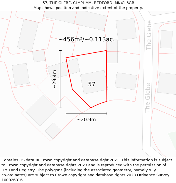 57, THE GLEBE, CLAPHAM, BEDFORD, MK41 6GB: Plot and title map