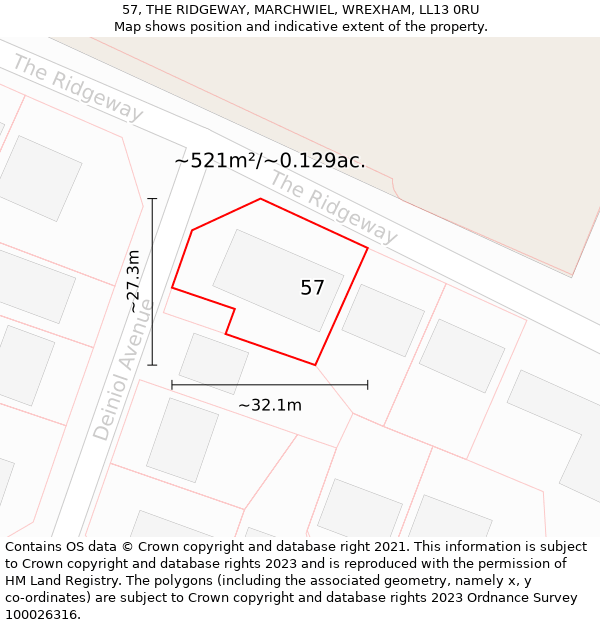 57, THE RIDGEWAY, MARCHWIEL, WREXHAM, LL13 0RU: Plot and title map