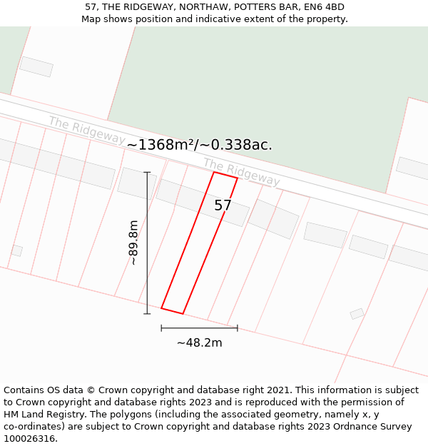 57, THE RIDGEWAY, NORTHAW, POTTERS BAR, EN6 4BD: Plot and title map