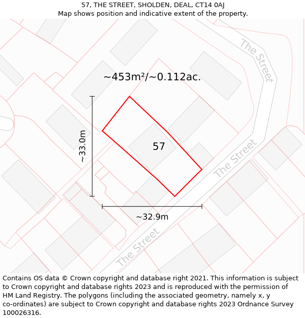 57, THE STREET, SHOLDEN, DEAL, CT14 0AJ: Plot and title map