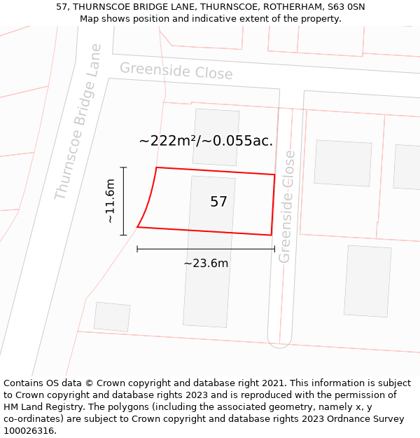 57, THURNSCOE BRIDGE LANE, THURNSCOE, ROTHERHAM, S63 0SN: Plot and title map