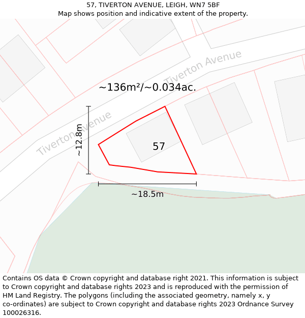 57, TIVERTON AVENUE, LEIGH, WN7 5BF: Plot and title map