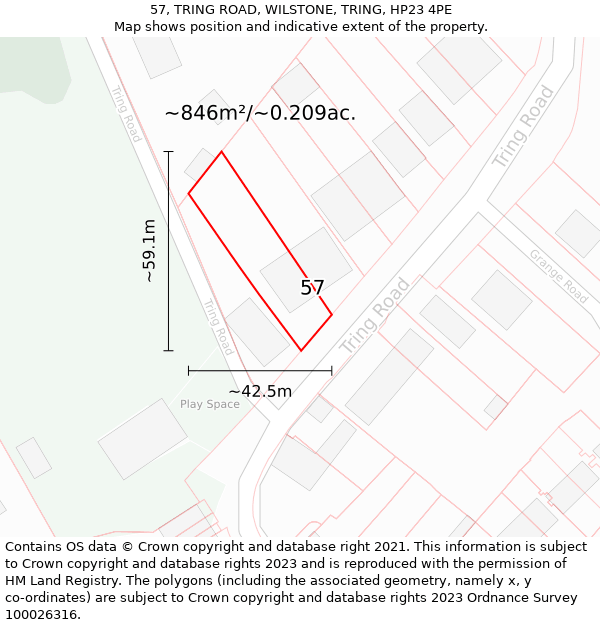 57, TRING ROAD, WILSTONE, TRING, HP23 4PE: Plot and title map