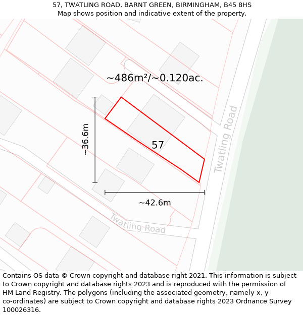 57, TWATLING ROAD, BARNT GREEN, BIRMINGHAM, B45 8HS: Plot and title map