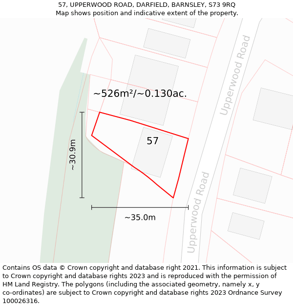 57, UPPERWOOD ROAD, DARFIELD, BARNSLEY, S73 9RQ: Plot and title map