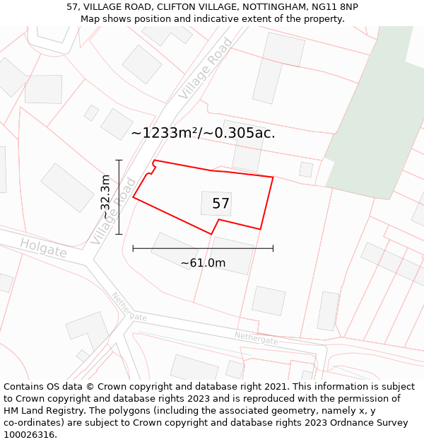 57, VILLAGE ROAD, CLIFTON VILLAGE, NOTTINGHAM, NG11 8NP: Plot and title map