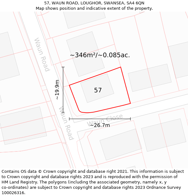 57, WAUN ROAD, LOUGHOR, SWANSEA, SA4 6QN: Plot and title map