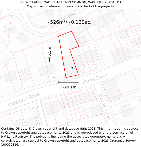 57, WEELAND ROAD, SHARLSTON COMMON, WAKEFIELD, WF4 1DA: Plot and title map