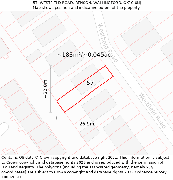 57, WESTFIELD ROAD, BENSON, WALLINGFORD, OX10 6NJ: Plot and title map