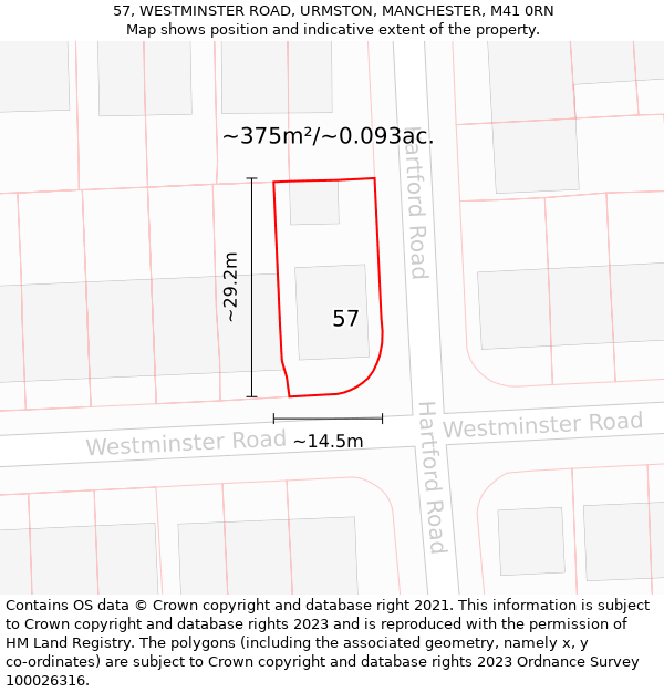 57, WESTMINSTER ROAD, URMSTON, MANCHESTER, M41 0RN: Plot and title map