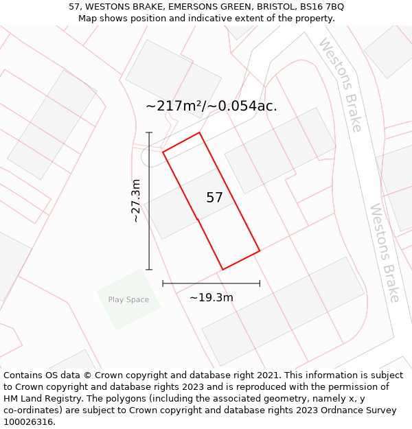 57, WESTONS BRAKE, EMERSONS GREEN, BRISTOL, BS16 7BQ: Plot and title map