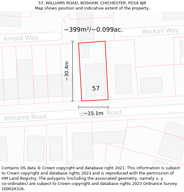 57, WILLIAMS ROAD, BOSHAM, CHICHESTER, PO18 8JR: Plot and title map