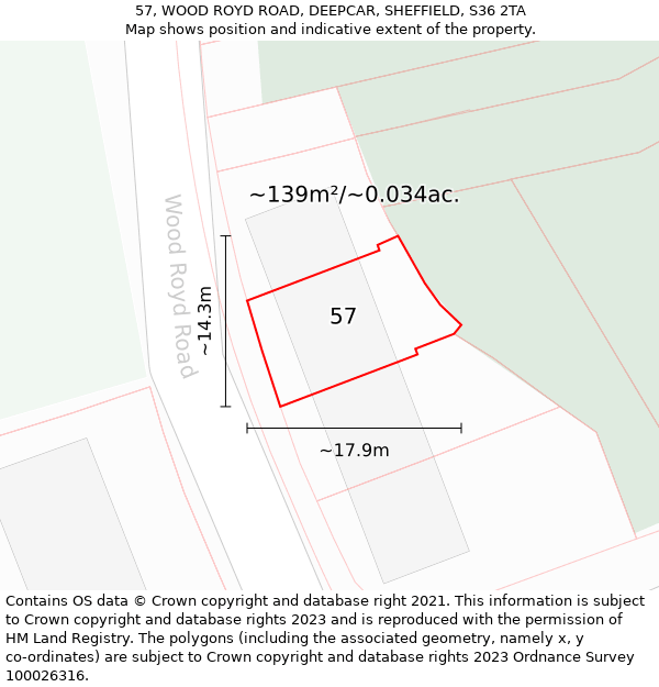 57, WOOD ROYD ROAD, DEEPCAR, SHEFFIELD, S36 2TA: Plot and title map