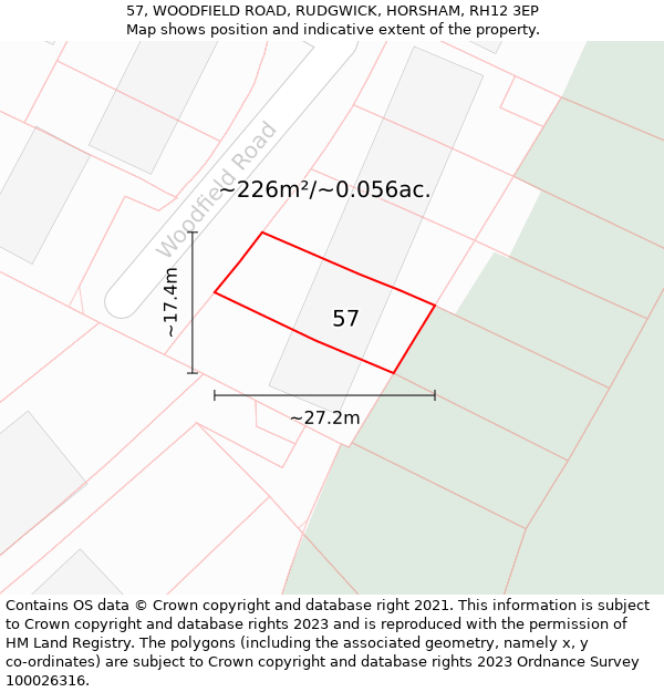 57, WOODFIELD ROAD, RUDGWICK, HORSHAM, RH12 3EP: Plot and title map