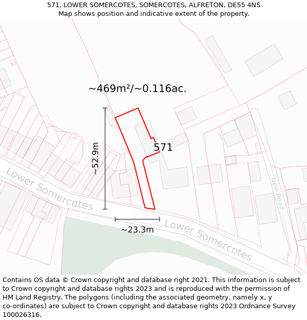 571, LOWER SOMERCOTES, SOMERCOTES, ALFRETON, DE55 4NS: Plot and title map