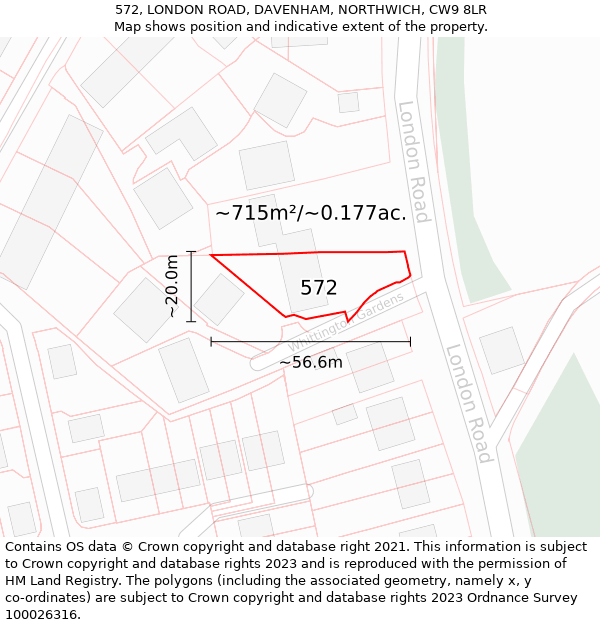 572, LONDON ROAD, DAVENHAM, NORTHWICH, CW9 8LR: Plot and title map