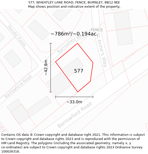 577, WHEATLEY LANE ROAD, FENCE, BURNLEY, BB12 9EE: Plot and title map