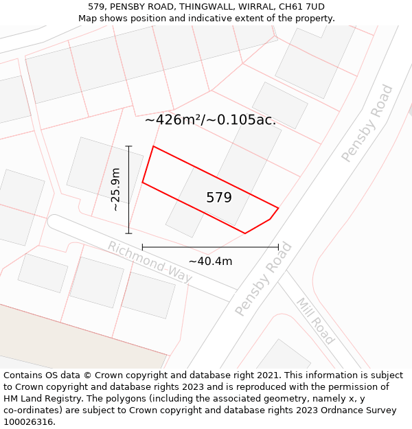 579, PENSBY ROAD, THINGWALL, WIRRAL, CH61 7UD: Plot and title map