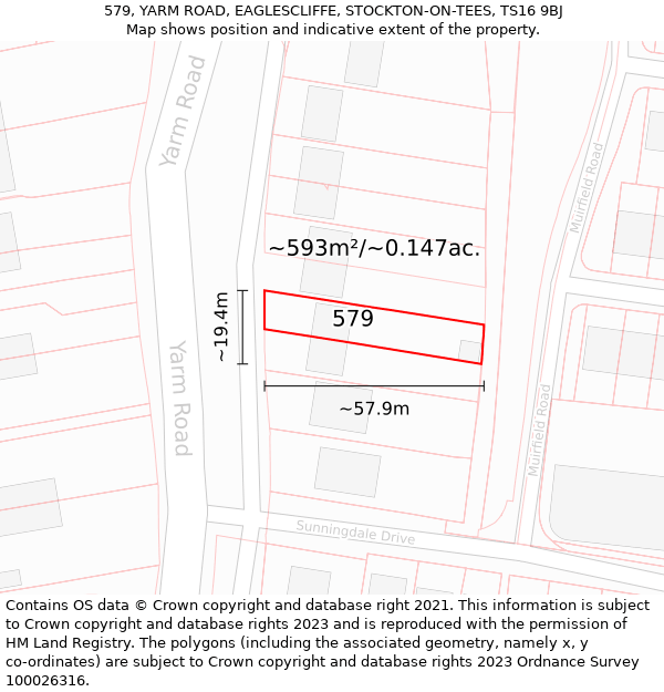 579, YARM ROAD, EAGLESCLIFFE, STOCKTON-ON-TEES, TS16 9BJ: Plot and title map