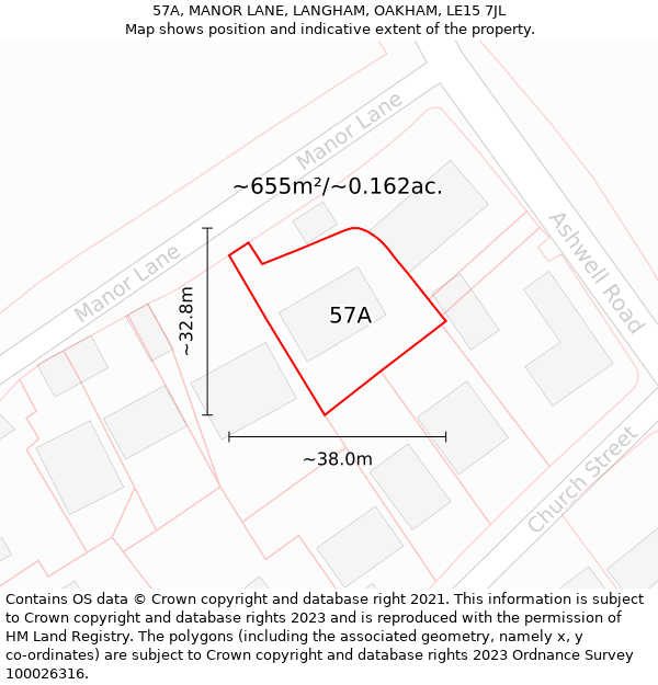 57A, MANOR LANE, LANGHAM, OAKHAM, LE15 7JL: Plot and title map