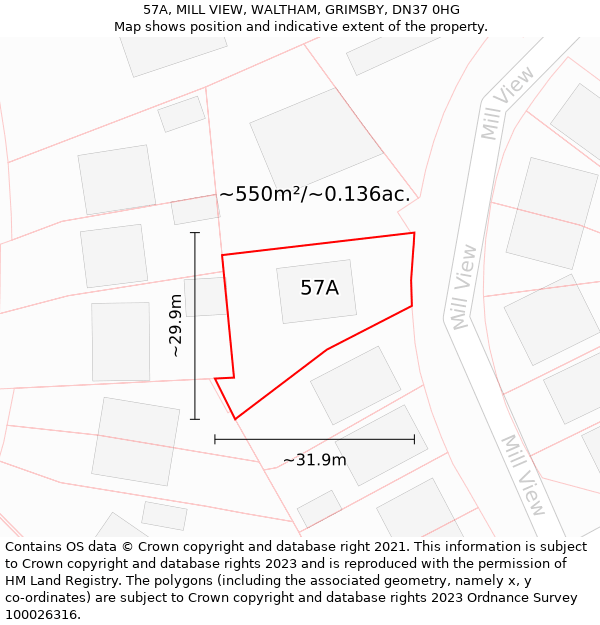 57A, MILL VIEW, WALTHAM, GRIMSBY, DN37 0HG: Plot and title map