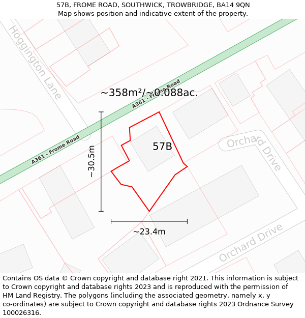 57B, FROME ROAD, SOUTHWICK, TROWBRIDGE, BA14 9QN: Plot and title map