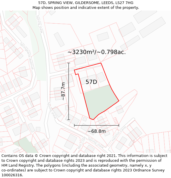 57D, SPRING VIEW, GILDERSOME, LEEDS, LS27 7HG: Plot and title map