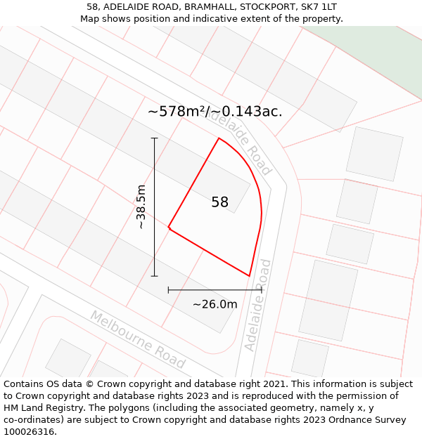 58, ADELAIDE ROAD, BRAMHALL, STOCKPORT, SK7 1LT: Plot and title map