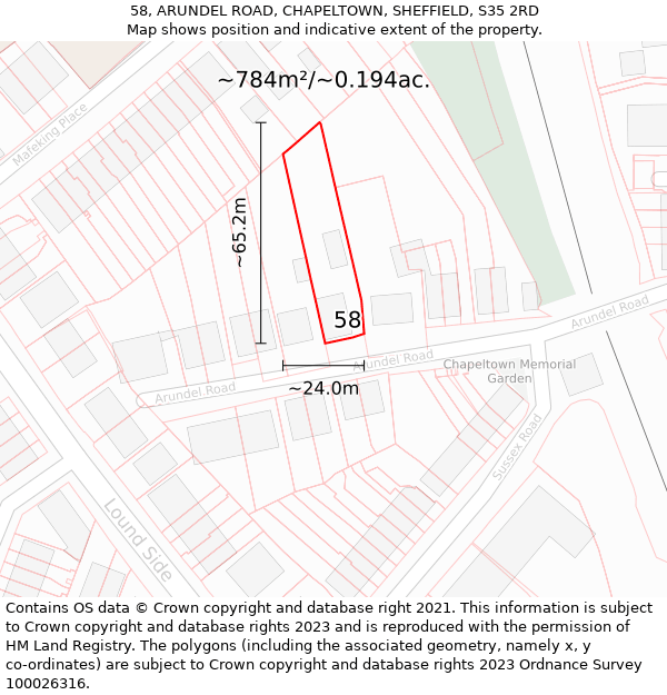 58, ARUNDEL ROAD, CHAPELTOWN, SHEFFIELD, S35 2RD: Plot and title map