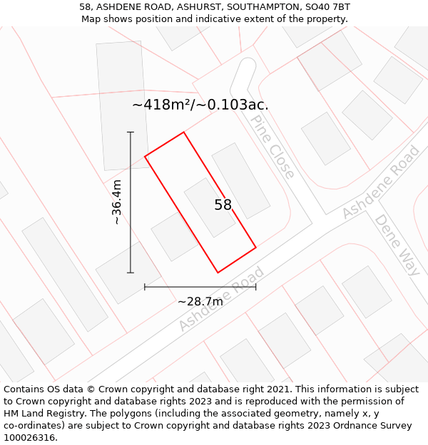 58, ASHDENE ROAD, ASHURST, SOUTHAMPTON, SO40 7BT: Plot and title map