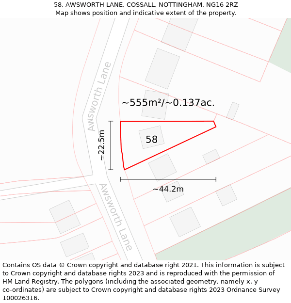 58, AWSWORTH LANE, COSSALL, NOTTINGHAM, NG16 2RZ: Plot and title map