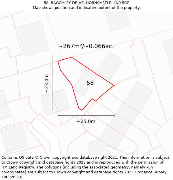 58, BAGGALEY DRIVE, HORNCASTLE, LN9 5GE: Plot and title map