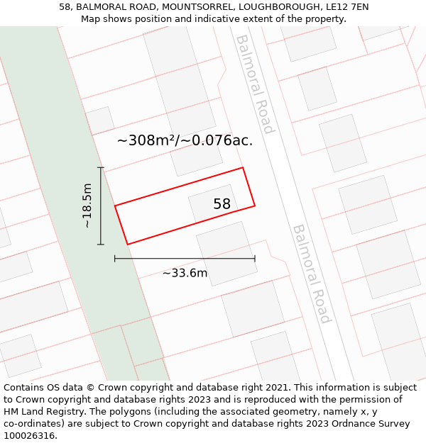 58, BALMORAL ROAD, MOUNTSORREL, LOUGHBOROUGH, LE12 7EN: Plot and title map