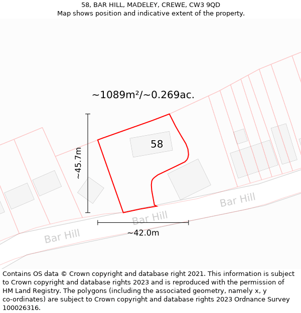 58, BAR HILL, MADELEY, CREWE, CW3 9QD: Plot and title map