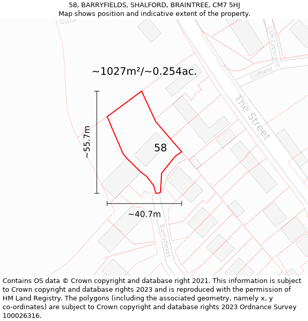 58, BARRYFIELDS, SHALFORD, BRAINTREE, CM7 5HJ: Plot and title map