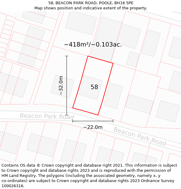 58, BEACON PARK ROAD, POOLE, BH16 5PE: Plot and title map