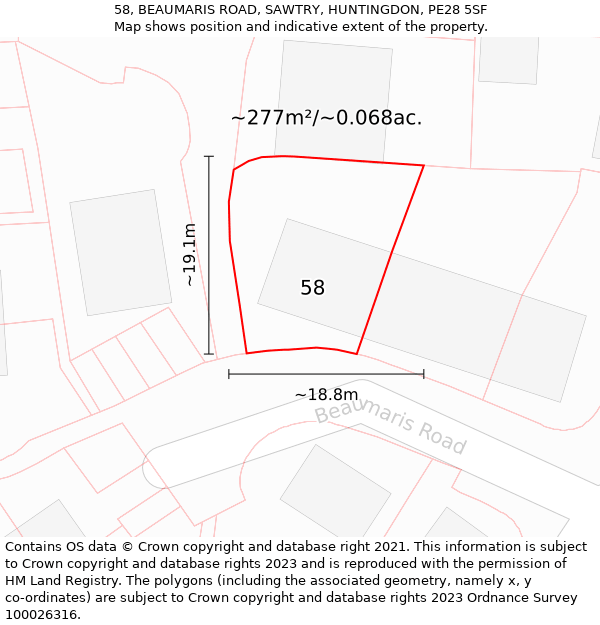 58, BEAUMARIS ROAD, SAWTRY, HUNTINGDON, PE28 5SF: Plot and title map