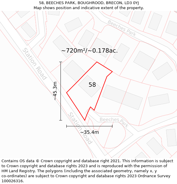 58, BEECHES PARK, BOUGHROOD, BRECON, LD3 0YJ: Plot and title map