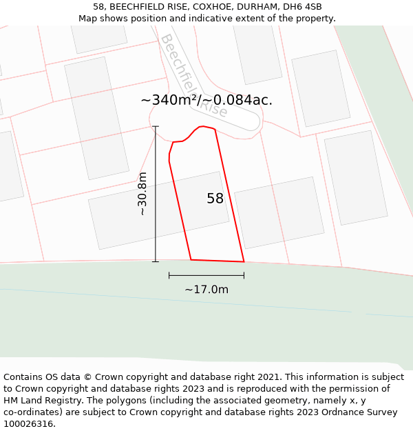 58, BEECHFIELD RISE, COXHOE, DURHAM, DH6 4SB: Plot and title map