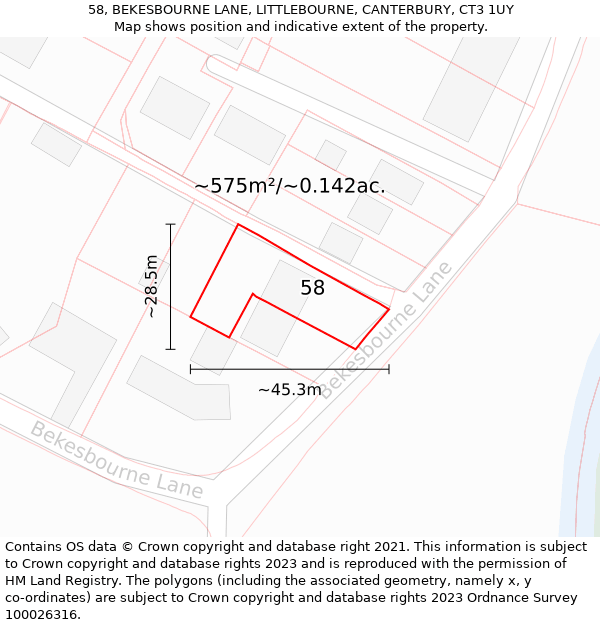 58, BEKESBOURNE LANE, LITTLEBOURNE, CANTERBURY, CT3 1UY: Plot and title map