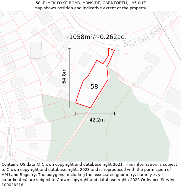 58, BLACK DYKE ROAD, ARNSIDE, CARNFORTH, LA5 0HZ: Plot and title map