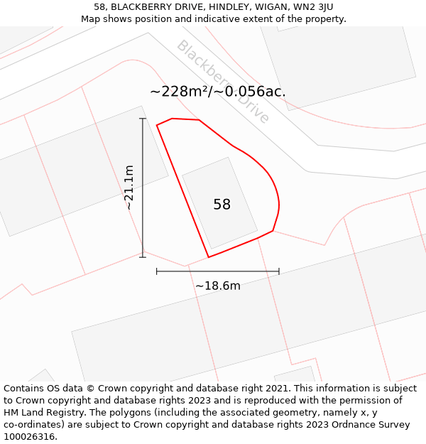 58, BLACKBERRY DRIVE, HINDLEY, WIGAN, WN2 3JU: Plot and title map