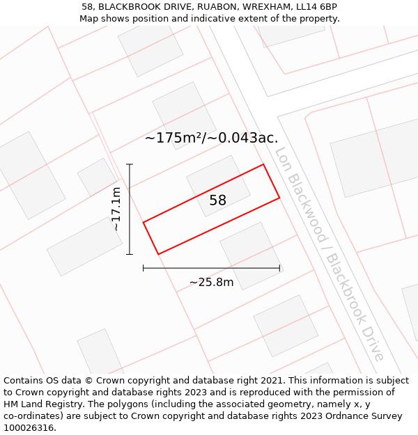 58, BLACKBROOK DRIVE, RUABON, WREXHAM, LL14 6BP: Plot and title map