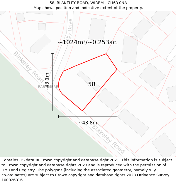 58, BLAKELEY ROAD, WIRRAL, CH63 0NA: Plot and title map