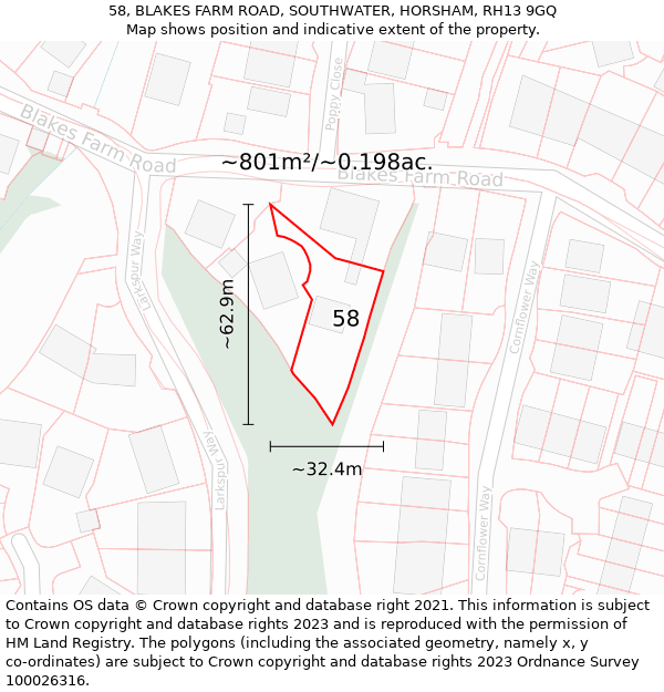 58, BLAKES FARM ROAD, SOUTHWATER, HORSHAM, RH13 9GQ: Plot and title map